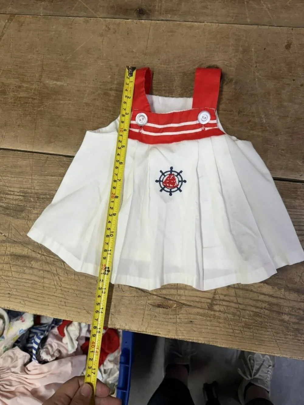 Vintage 1950s Nautical Baby Toddler 18 MO Overalls Dress Ship Red White Blue